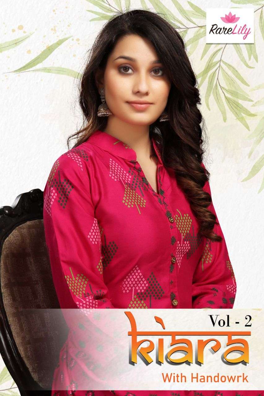 KIARA VOL-2 BY RARE LILY 3001 TO 3007 SERIES DESIGNER STYLISH FANCY COLORFUL BEAUTIFUL PARTY WEAR & ETHNIC WEAR COLLECTION RAYON PRINT KURTIS AT WHOLESALE PRICE