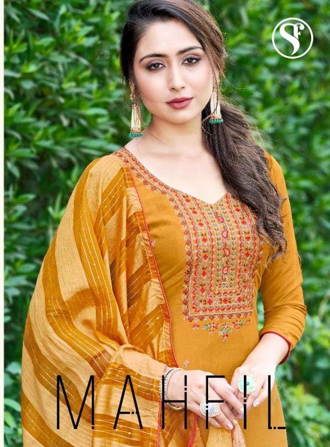 MAHFIL BY SWEETY FASHION 1001 TO 1006 SERIES BEAUTIFUL SUITS COLORFUL STYLISH FANCY CASUAL WEAR & ETHNIC WEAR CREPE EMBROIDERED DRESSES AT WHOLESALE PRICE
