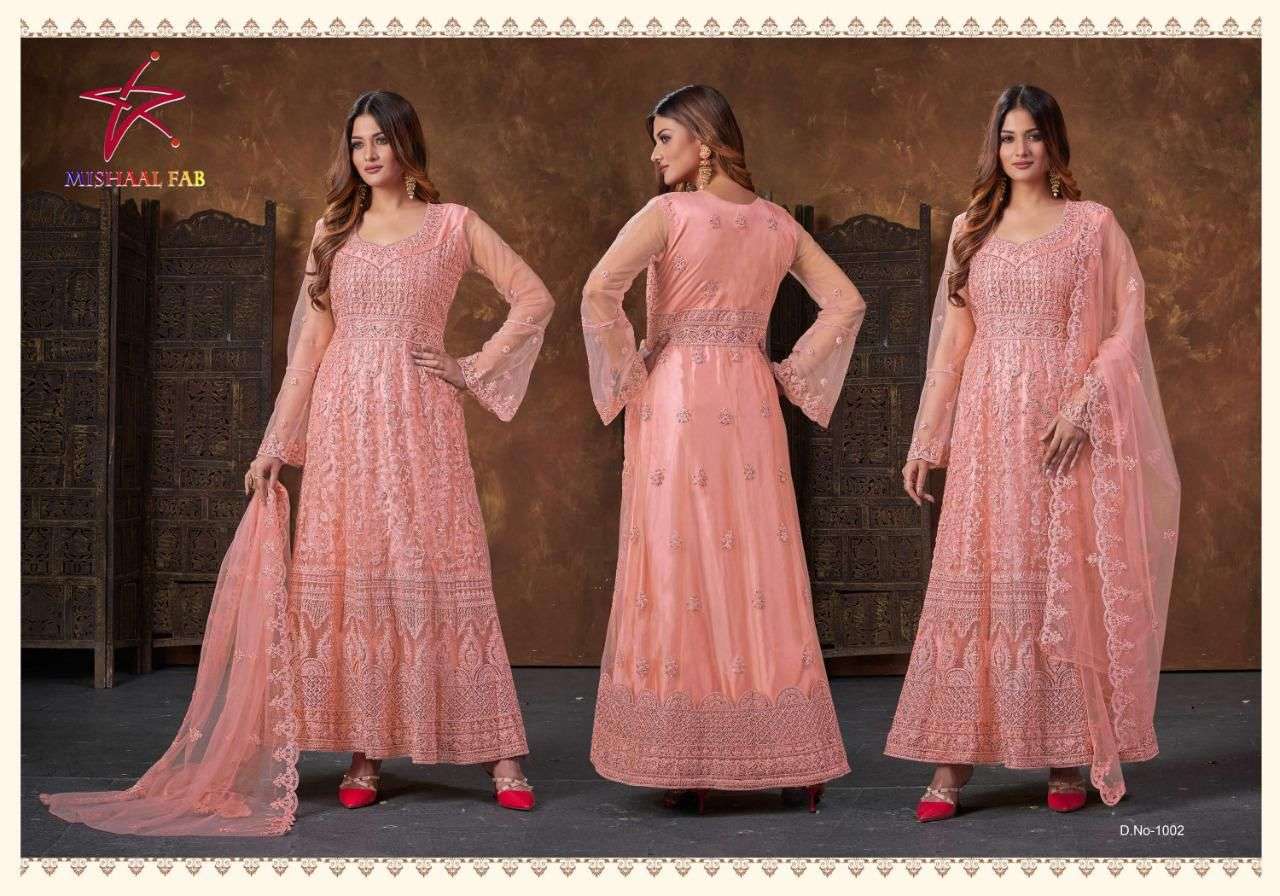 Mishaal 1001 Series By Mishaal Fab 1001 To 1004 Series Beautiful Suits Stylish Colorful Fancy Casual Wear & Ethnic Wear Net Embroidered Dresses At Wholesale Price