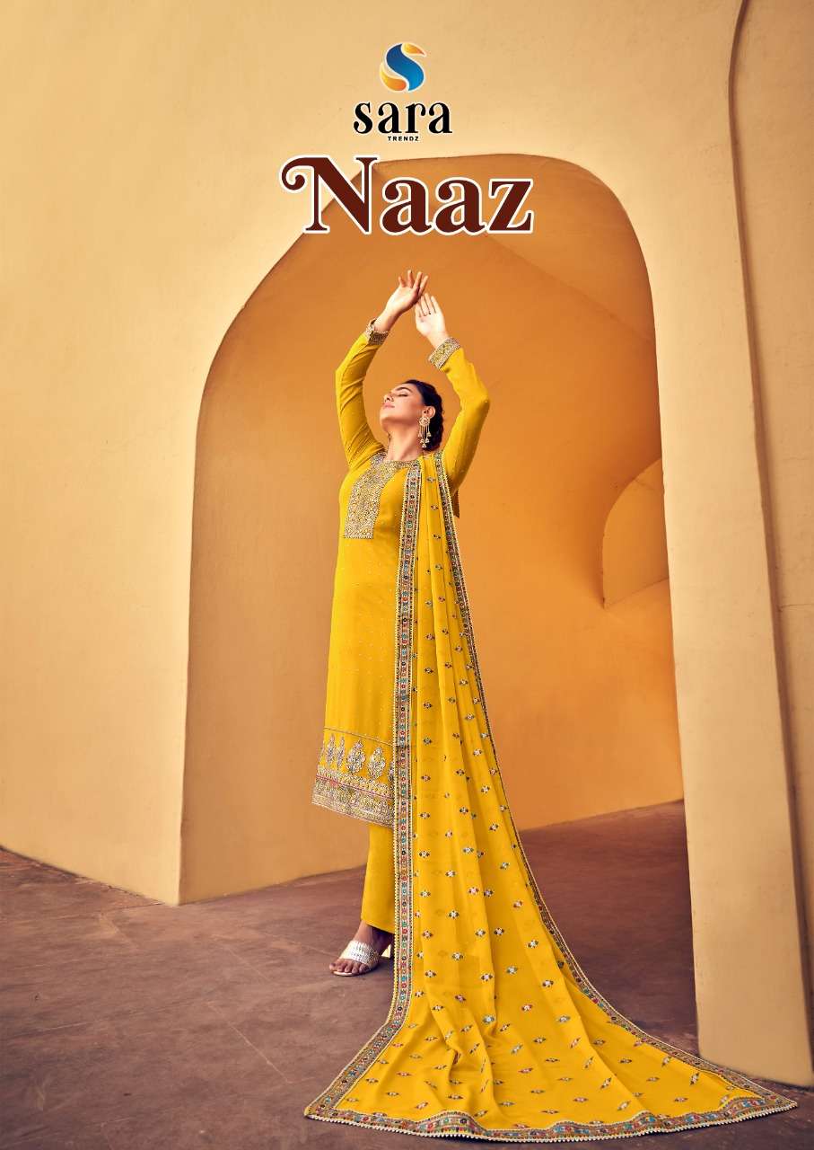 NAAZ BY SARA TRENDZ 1001 TO 1004 SERIES BEAUTIFUL SHARARA SUITS COLORFUL STYLISH FANCY CASUAL WEAR & ETHNIC WEAR GEORGETTE EMBROIDERED DRESSES AT WHOLESALE PRICE