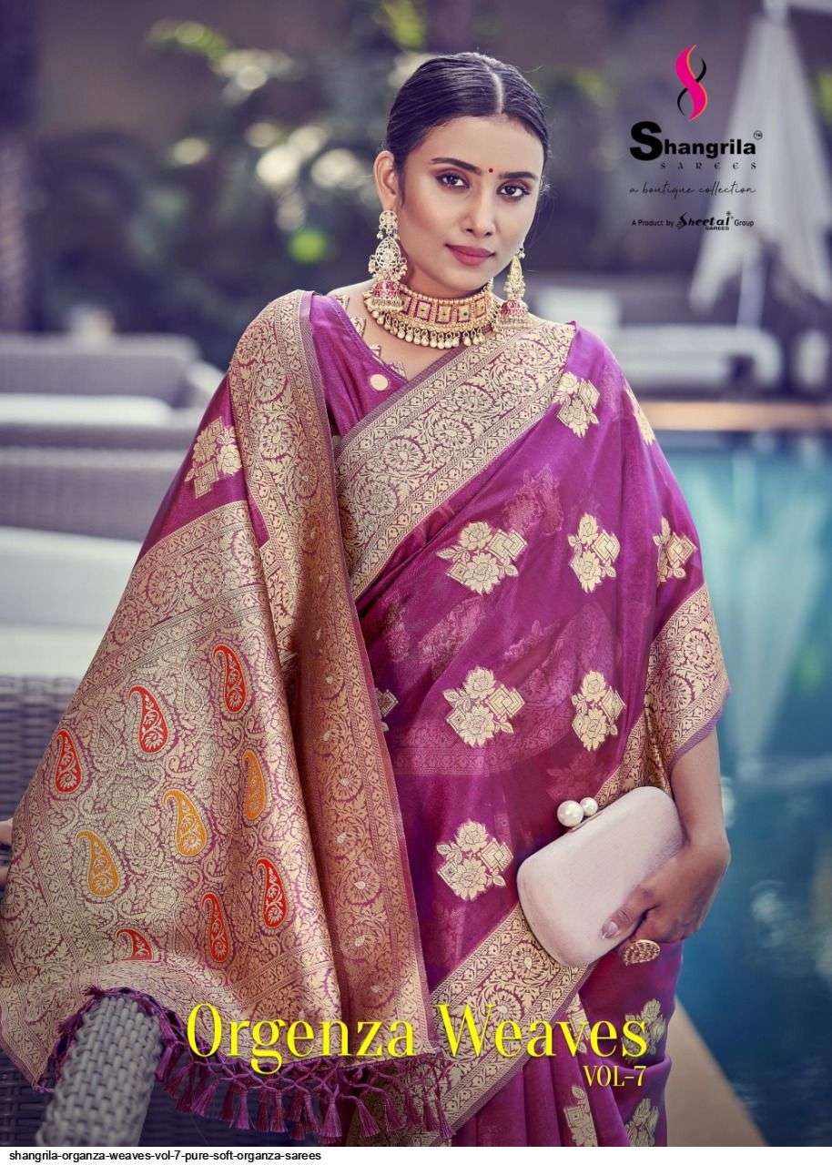 ORGENZA WEAVES VOL-7 BY SHANGRILA A TO F SERIES INDIAN TRADITIONAL WEAR COLLECTION BEAUTIFUL STYLISH FANCY COLORFUL PARTY WEAR & OCCASIONAL WEAR SOFT ORGANZA PRINTED SAREES AT WHOLESALE PRICE