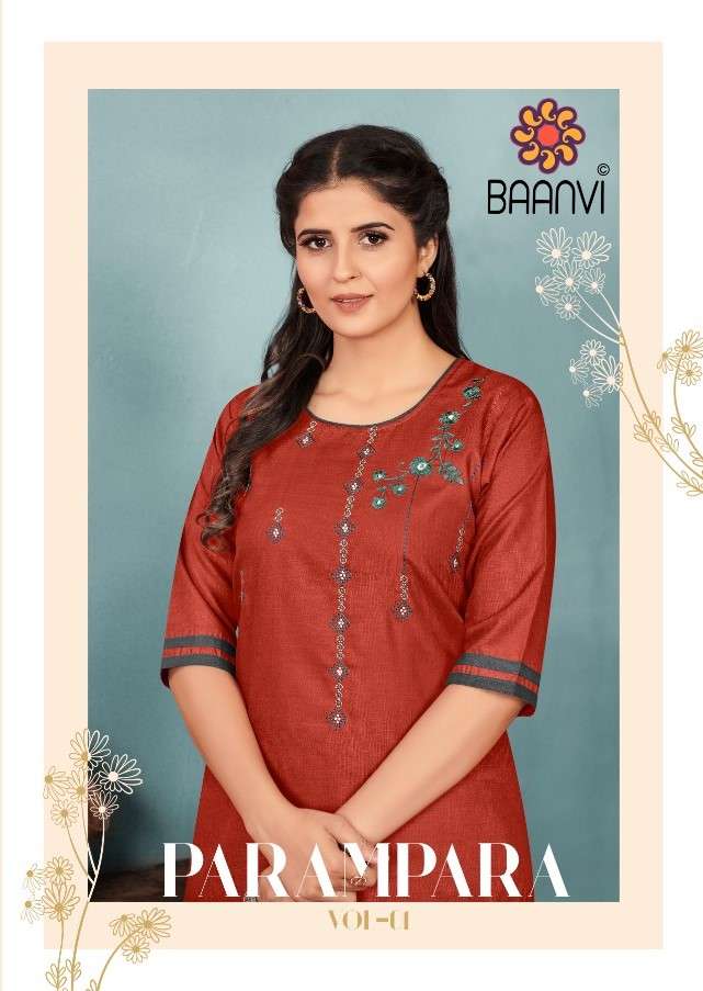 PARAMPARA VOL-1 BY BAANVI 101 TO 108 SERIES DESIGNER STYLISH FANCY COLORFUL BEAUTIFUL PARTY WEAR & ETHNIC WEAR COLLECTION COTTON EMBROIDERED KURTIS WITH BOTTOM AT WHOLESALE PRICE
