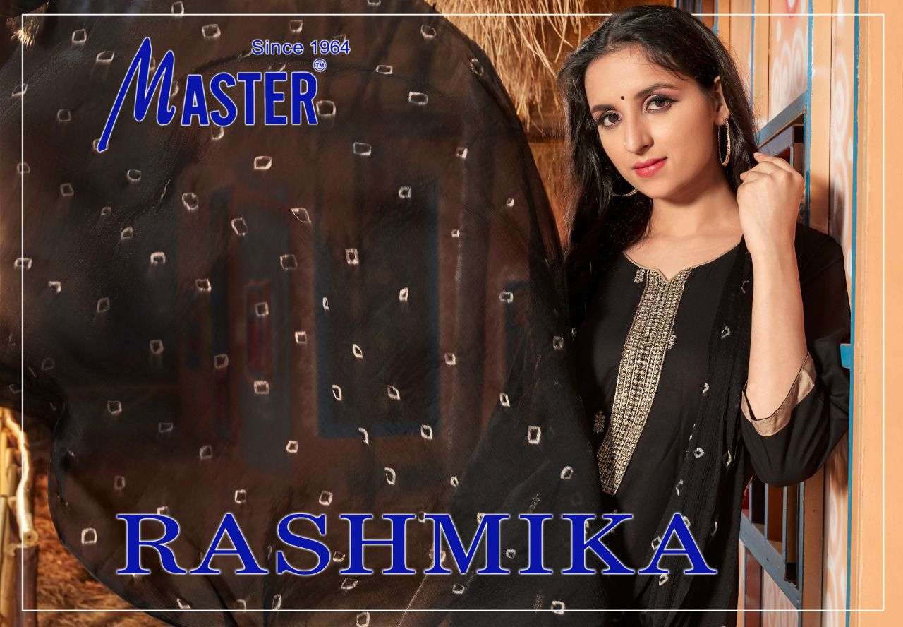 RASHMIKA BY MASTER 001 TO 008 SERIES BEAUTIFUL SUITS COLORFUL STYLISH FANCY CASUAL WEAR & ETHNIC WEAR RAYON WITH WORK DRESSES AT WHOLESALE PRICE