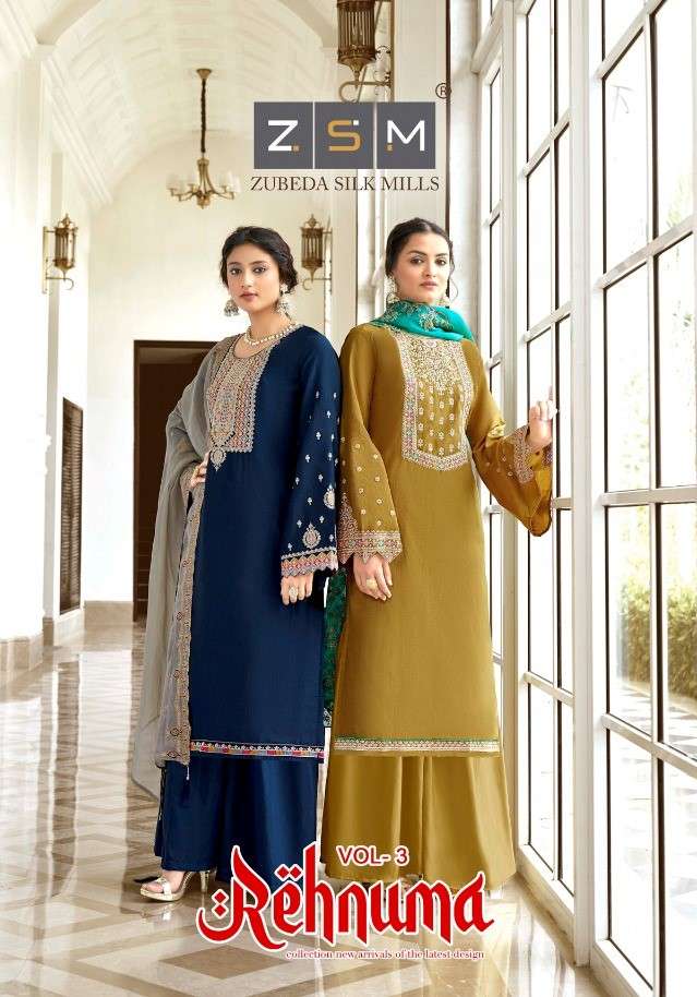 REHNUMA VOL-3 BY ZSM 3001 TO 3006 SERIES BEAUTIFUL STYLISH SHARARA SUITS FANCY COLORFUL CASUAL WEAR & ETHNIC WEAR & READY TO WEAR COTTON SILK EMBROIDERED DRESSES AT WHOLESALE PRICE