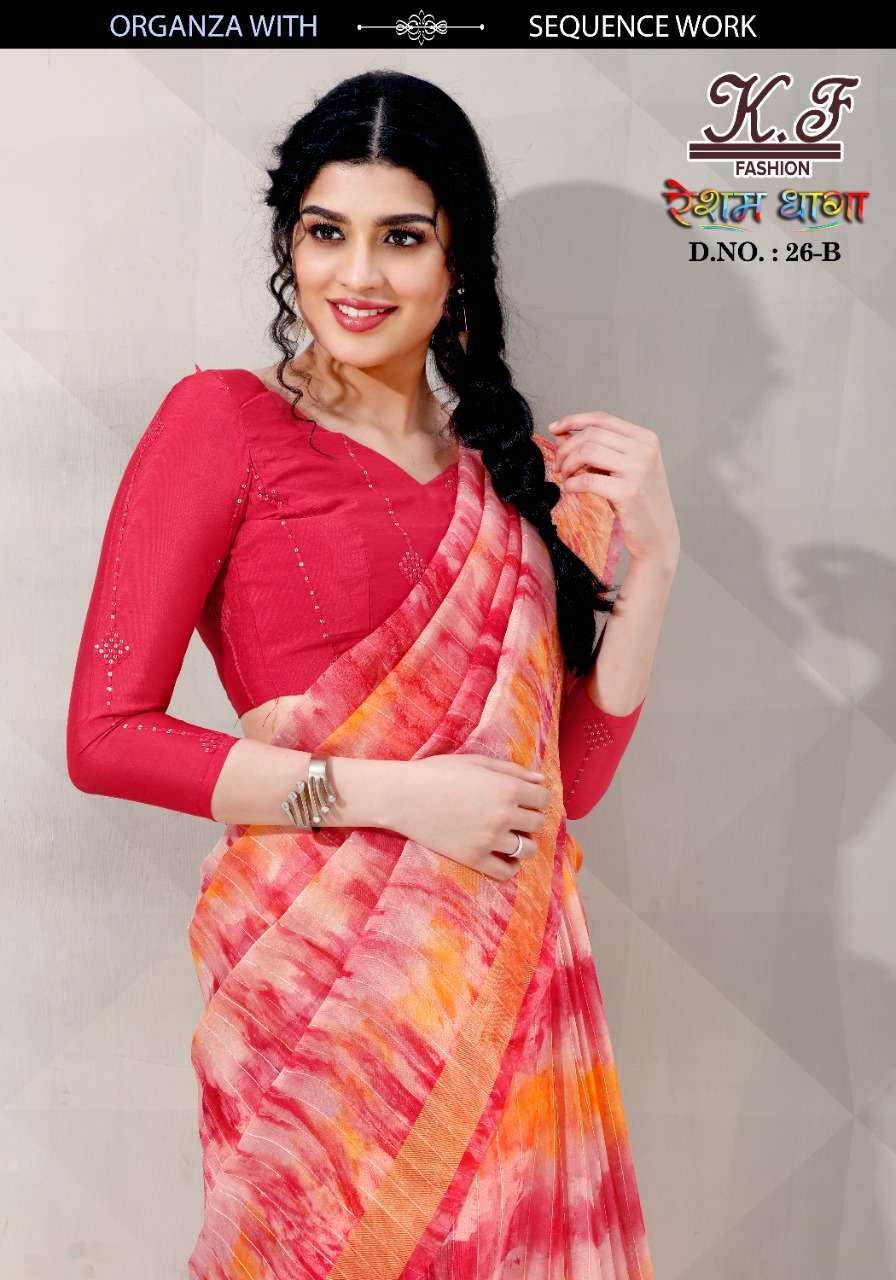 RESHAM DHAGA BY KF FASHION 26-A TO 26-E SERIES INDIAN TRADITIONAL WEAR COLLECTION BEAUTIFUL STYLISH FANCY COLORFUL PARTY WEAR & OCCASIONAL WEAR ORGANZA SAREES AT WHOLESALE PRICE