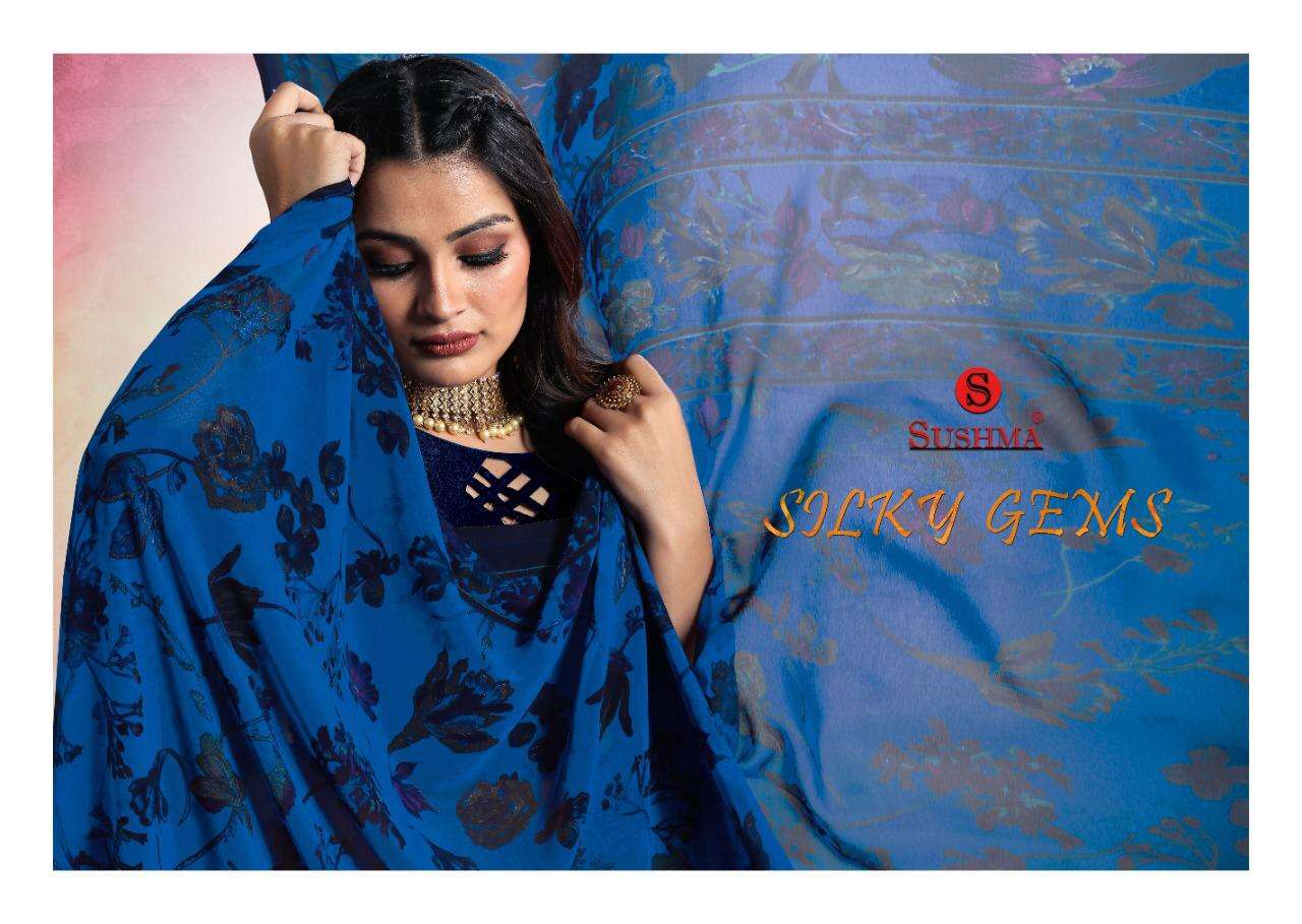 SILKY GEMS BY SUSHMA INDIAN TRADITIONAL WEAR COLLECTION BEAUTIFUL STYLISH FANCY COLORFUL PARTY WEAR & OCCASIONAL WEAR SILK GEORGETTE SAREES AT WHOLESALE PRICE