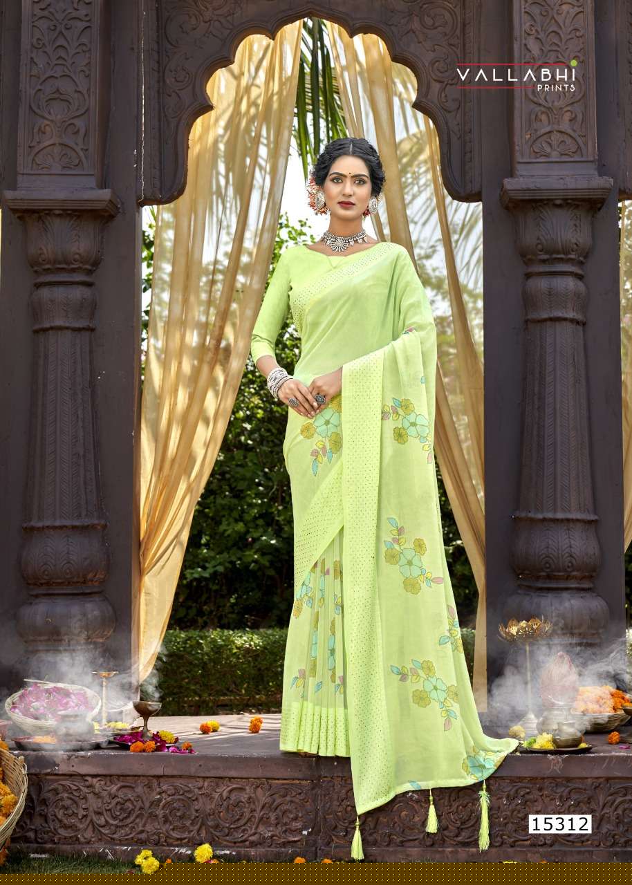 SUNRISE BY VALLABHI PRINTS 15311 TO 15318 SERIES INDIAN TRADITIONAL WEAR COLLECTION BEAUTIFUL STYLISH FANCY COLORFUL PARTY WEAR & OCCASIONAL WEAR GEORGETTE PRINTS SAREES AT WHOLESALE PRICE