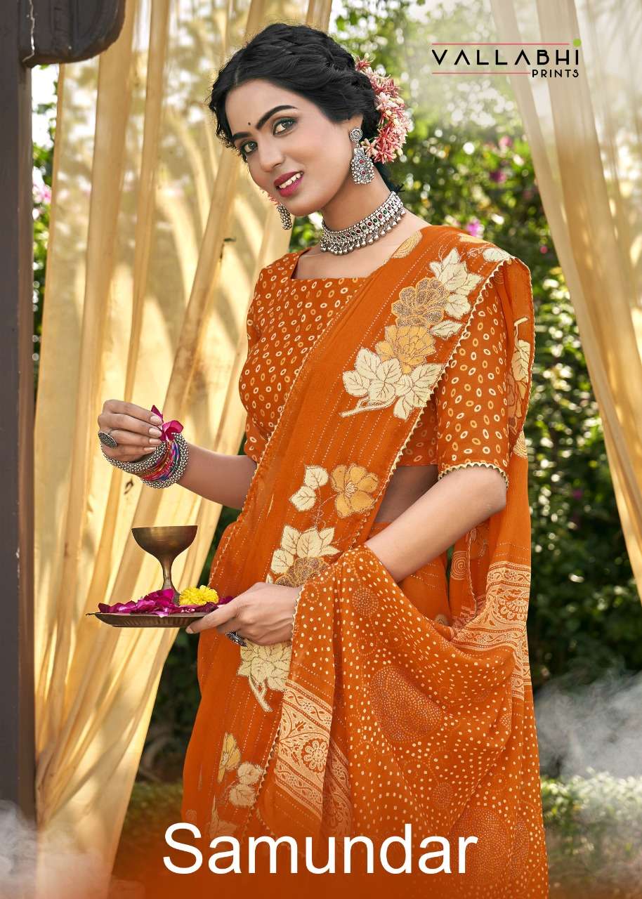SAMUNDAR BY VALLABHI PRINTS 15271 TO 15278 SERIES INDIAN TRADITIONAL WEAR COLLECTION BEAUTIFUL STYLISH FANCY COLORFUL PARTY WEAR & OCCASIONAL WEAR CHIFFON PRINT SAREES AT WHOLESALE PRICE