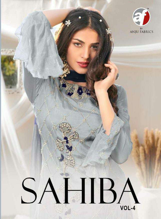 SAHIBA VOL-4 BY AF 7081 TO 7084 SERIES BEAUTIFUL SHARARA SUITS COLORFUL STYLISH FANCY CASUAL WEAR & ETHNIC WEAR PURE CHINNON DRESSES AT WHOLESALE PRICE