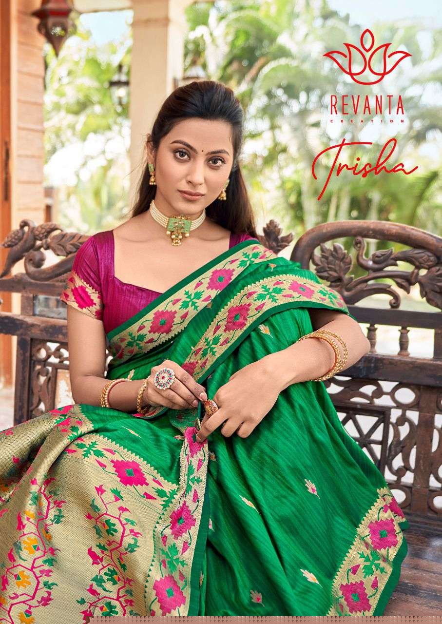TRISHA BY REVANTA 12001 TO 12005 SERIES INDIAN TRADITIONAL WEAR COLLECTION BEAUTIFUL STYLISH FANCY COLORFUL PARTY WEAR & OCCASIONAL WEAR COTTON SILK SAREES AT WHOLESALE PRICE