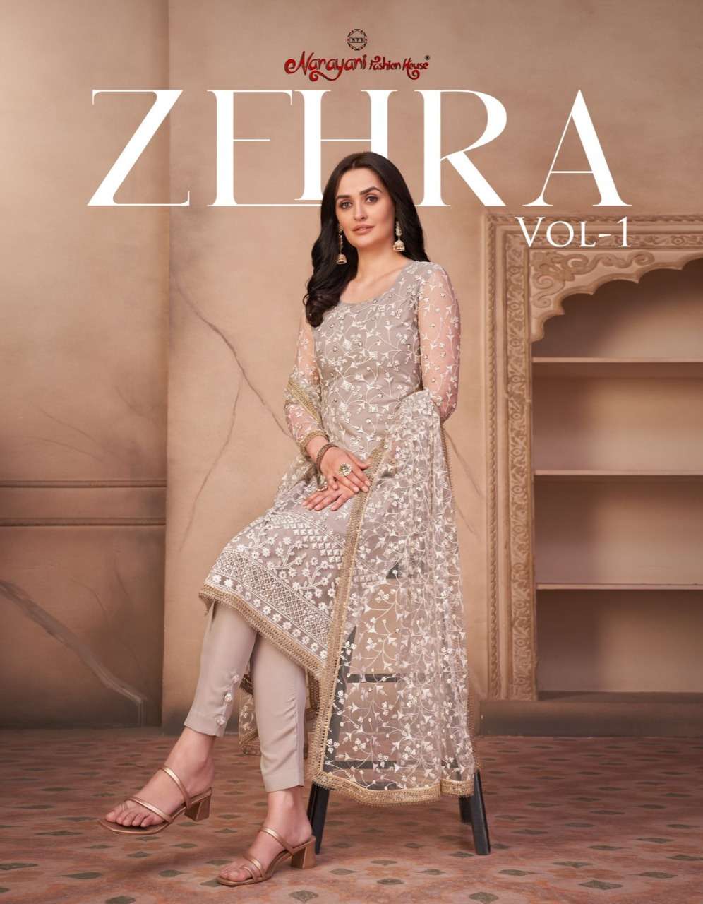 Zehra Vol-1 By Narayani Fashion Hub 221 To 224 Series Beautiful Suits Colorful Stylish Fancy Casual Wear & Ethnic Wear Mono Net Dresses At Wholesale Price