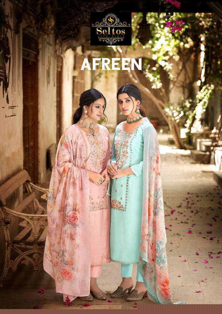 AFREEN BY SELTOS 62001 TO 62006 SERIES BEAUTIFUL SUITS COLORFUL STYLISH FANCY CASUAL WEAR & ETHNIC WEAR PURE COTTON SILK DRESSES AT WHOLESALE PRICE