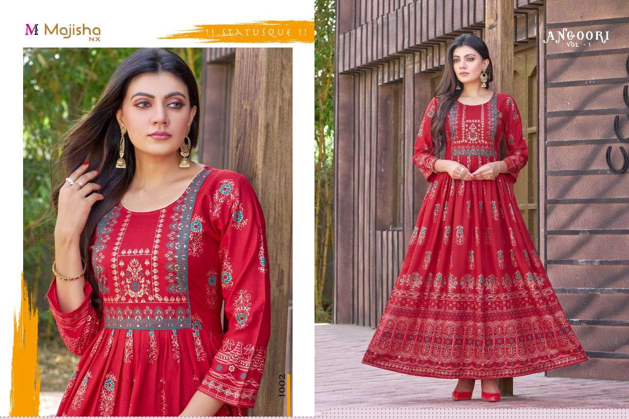 ANGOORI BY MAJISHA NX 1001 TO 1008 SERIES BEAUTIFUL STYLISH FANCY COLORFUL CASUAL WEAR & ETHNIC WEAR RAYON SLUB GOWNS AT WHOLESALE PRICE