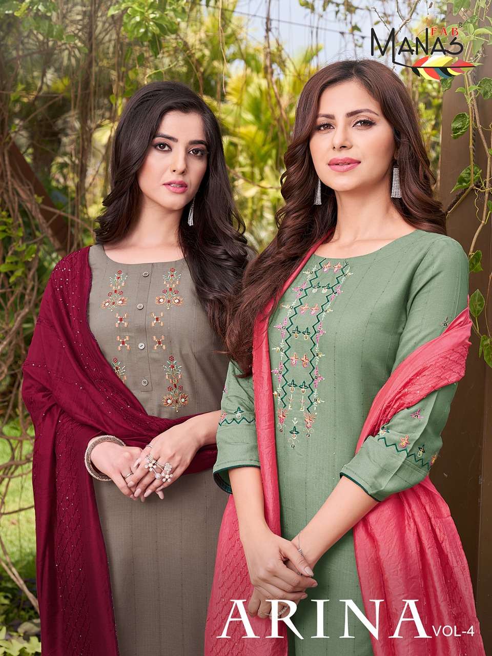 ARINA VOL-4 BY MANAS FAB 6019 TO 6024 SERIES DESIGNER SUITS BEAUTIFUL STYLISH FANCY COLORFUL PARTY WEAR & OCCASIONAL WEAR RAYON EMBROIDERED DRESSES AT WHOLESALE PRICE