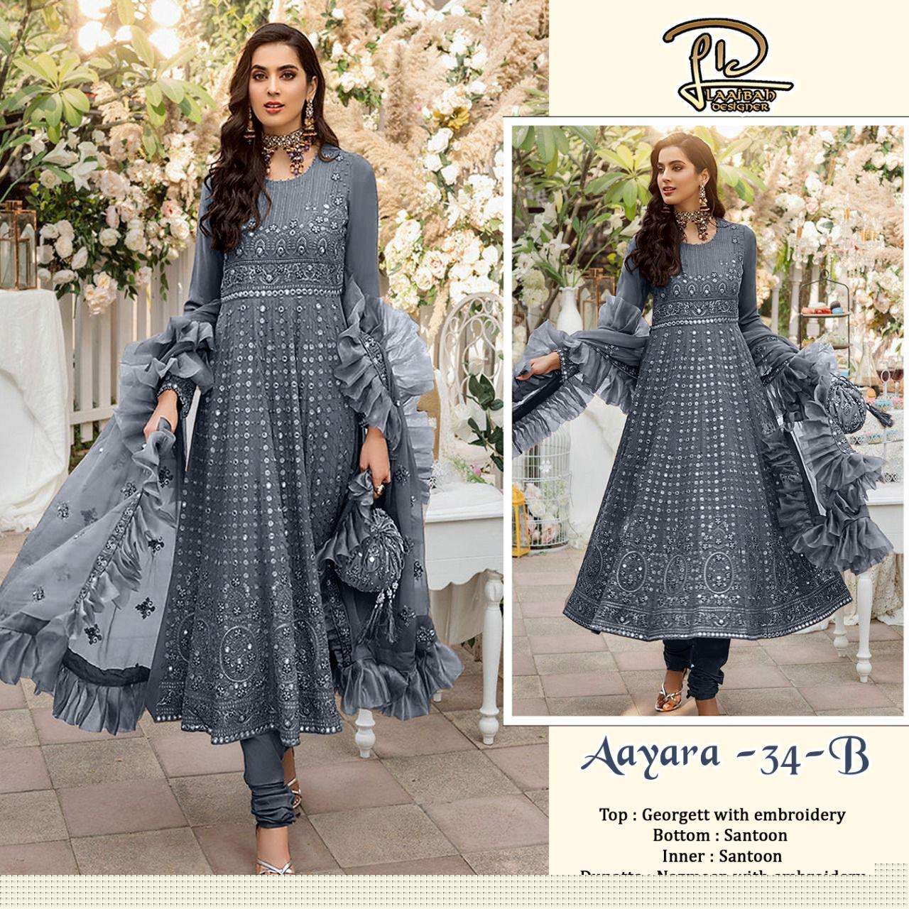 AAYARA 34 COLOURS BY LAAIBAH DESIGNER 34-A TO 34-D SERIES BEAUTIFUL STYLISH PAKISATNI SUITS FANCY COLORFUL CASUAL WEAR & ETHNIC WEAR & READY TO WEAR FAUX GEORGETTE WITH EMBROIDERY DRESSES AT WHOLESALE PRICE