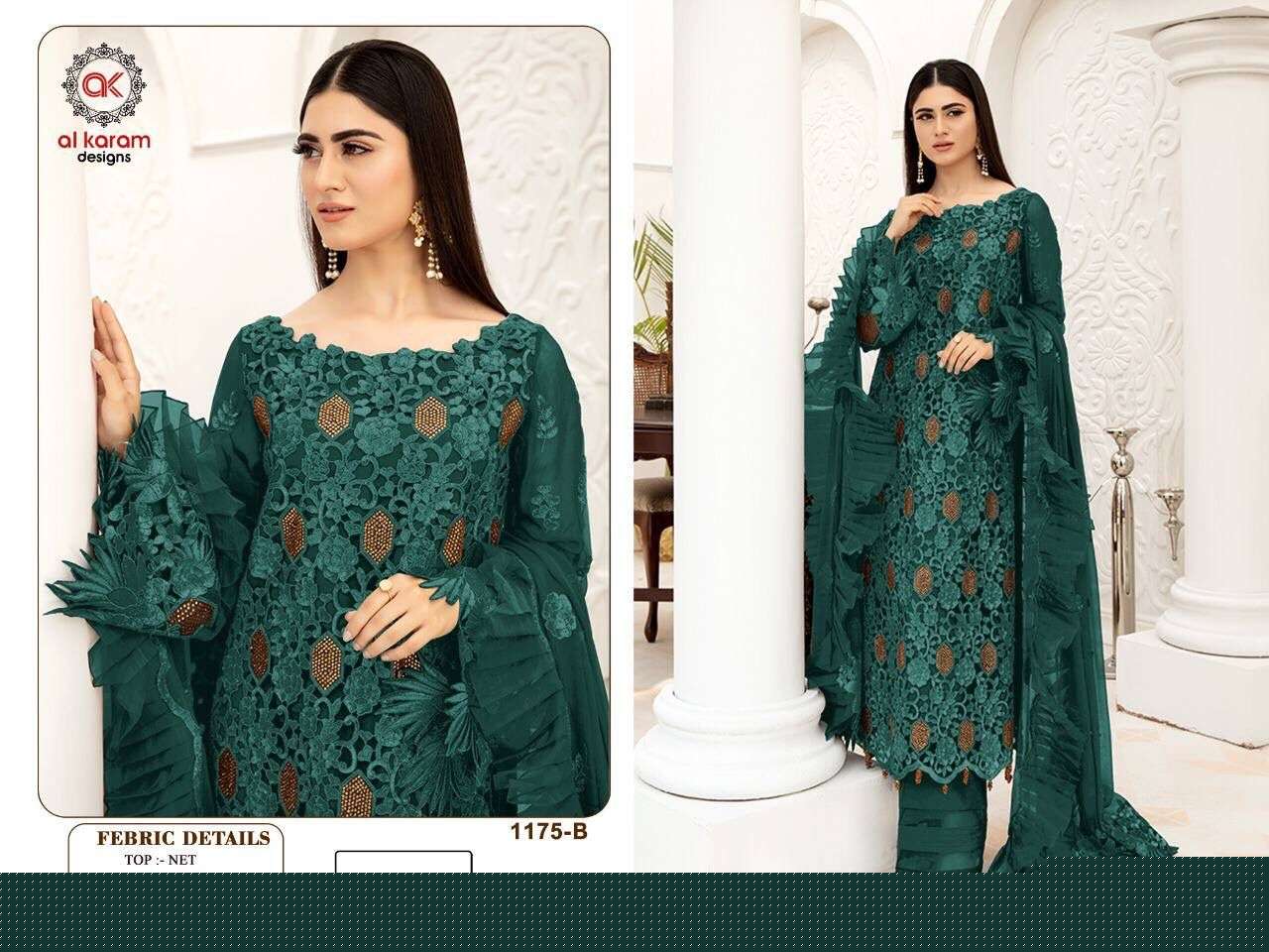 AL KARAM 1175 COLOURS BY AL KARAM DESIGNS DESIGNER PAKISTANI SUITS BEAUTIFUL STYLISH FANCY COLORFUL PARTY WEAR & OCCASIONAL WEAR HEAVY BUTTERFLY NET EMBROIDERED DRESSES AT WHOLESALE PRICE