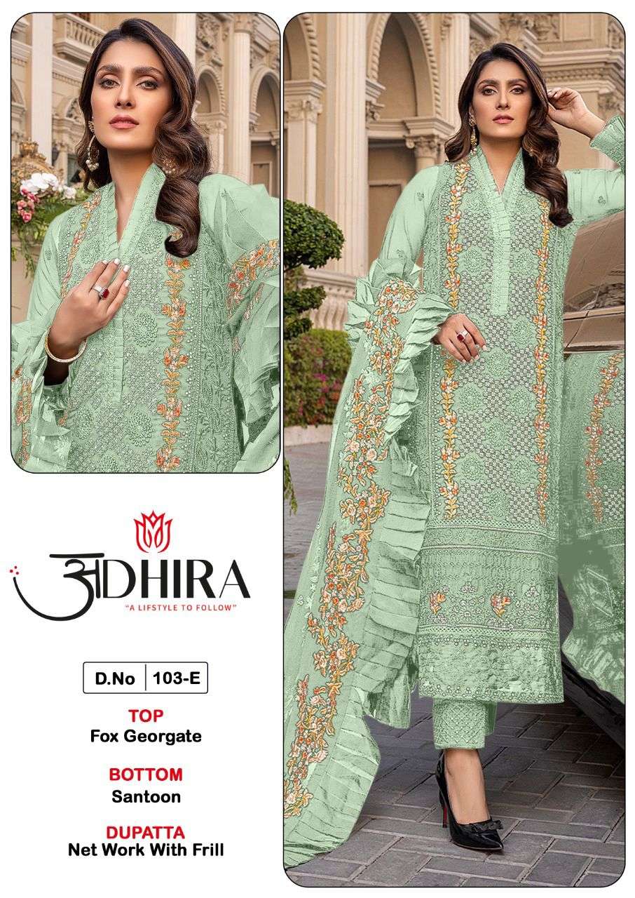 ADHIRA 103 COLOURS BY ADHIRA 103-D TO 103-F SERIES DESIGNER PAKISTANI SUITS BEAUTIFUL STYLISH FANCY COLORFUL PARTY WEAR & OCCASIONAL WEAR HEAVY FAUX GEORGETTE DRESSES AT WHOLESALE PRICE