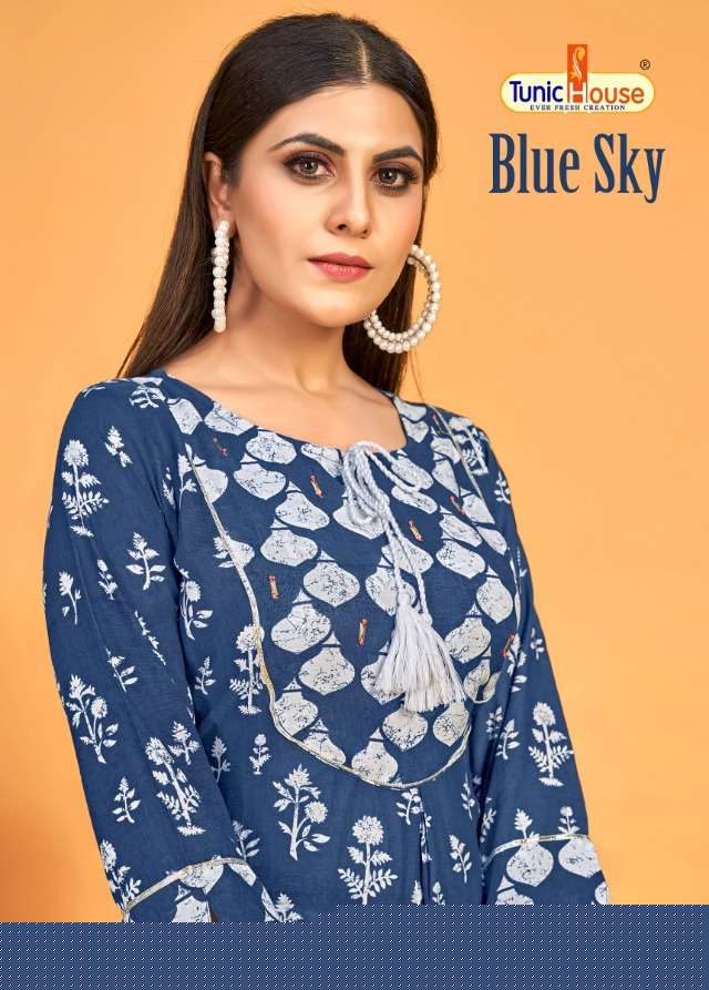 BLUE SKY BY TUNIC HOUSE 23001 TO 23004 SERIES  BEAUTIFUL STYLISH COLORFUL FANCY PARTY WEAR & ETHNIC WEAR & READY TO WEAR VISCOSE MUSLIN SILK KURTIS WITH BOTTOM AT WHOLESALE PRICE
