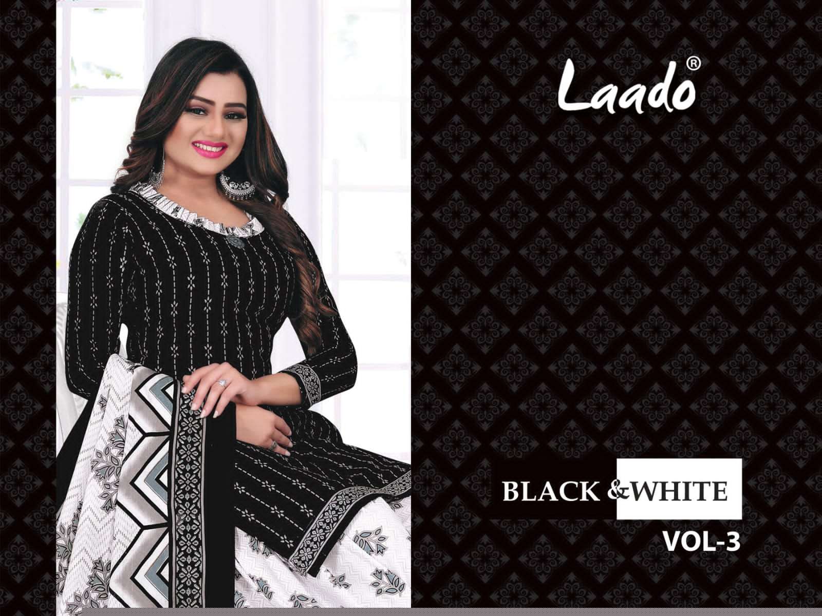 BLACK AND WHITE VOL-3 BY LAADO 3001 TO 3010 SERIES BEAUTIFUL SUITS COLORFUL STYLISH FANCY CASUAL WEAR & ETHNIC WEAR PURE COTTON DRESSES AT WHOLESALE PRICE