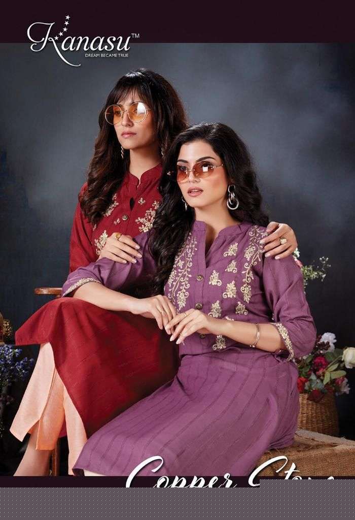 COPPER STONE BY KANASU 9601 TO 9608 SERIES DESIGNER STYLISH FANCY COLORFUL BEAUTIFUL PARTY WEAR & ETHNIC WEAR COLLECTION VISCOSE RAYON EMBROIDERED KURTIS WITH BOTTOM AT WHOLESALE PRICE
