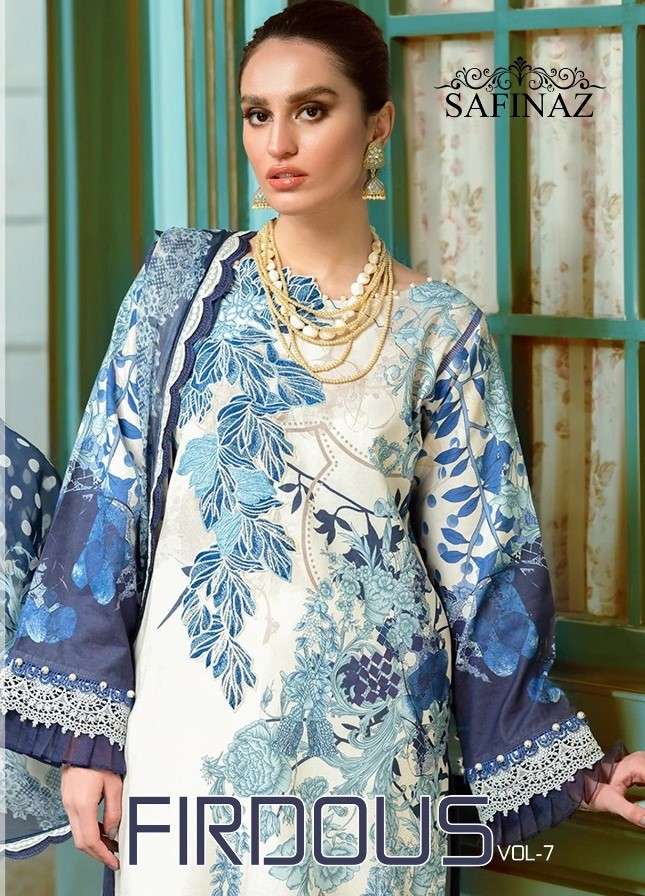 FIRDOUS VOL-7 BY SAFINAZ 713 TO 716 SERIES BEAUTIFUL PAKISTANI SUITS STYLISH FANCY COLORFUL PARTY WEAR & OCCASIONAL WEAR PURE COTTON WITH EMBROIDERY DRESSES AT WHOLESALE PRICE
