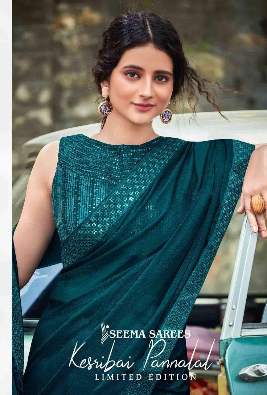 KESARIBAI PANNALAL BY SEEMA SAREES 1001 TO 1008 SERIES INDIAN TRADITIONAL WEAR COLLECTION BEAUTIFUL STYLISH FANCY COLORFUL PARTY WEAR & OCCASIONAL WEAR MOSS CHIFFON SAREES AT WHOLESALE