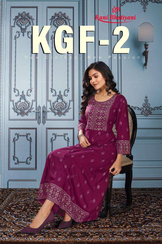 KGF VOL-2 BY RANI BHATIYANI 1001 TO 1008 SERIES BEAUTIFUL STYLISH FANCY COLORFUL CASUAL WEAR & ETHNIC WEAR RAYON PRINT GOWNS AT WHOLESALE PRICE