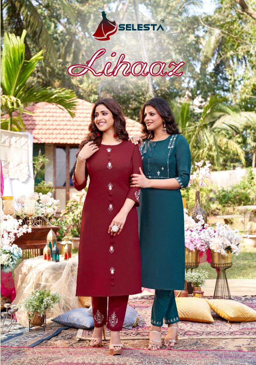LIHAAZ BY SELESTA 1001 TO 1005 SERIES DESIGNER STYLISH FANCY COLORFUL BEAUTIFUL PARTY WEAR & ETHNIC WEAR COLLECTION COTTON EMBROIDERED KURTIS WITH BOTTOM AT WHOLESALE PRICE