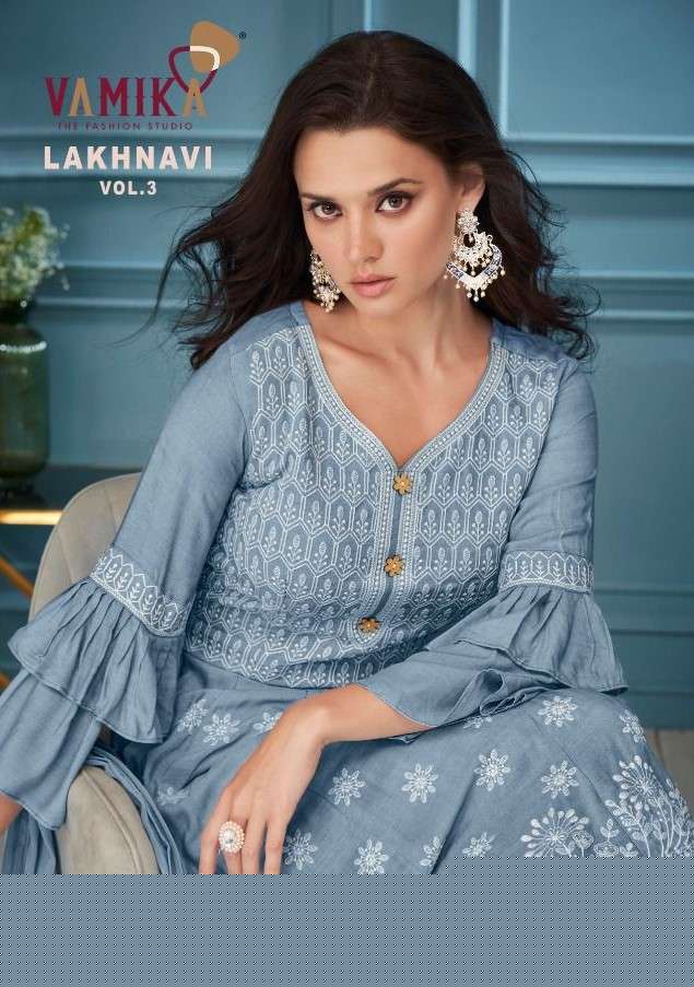 LAKHNAVI VOL-3 BY VAMIKA 1013 TO 1018 SERIES BEAUTIFUL SHARARA SUITS COLORFUL STYLISH FANCY CASUAL WEAR & ETHNIC WEAR RAYON WITH WORK DRESSES AT WHOLESALE PRICE