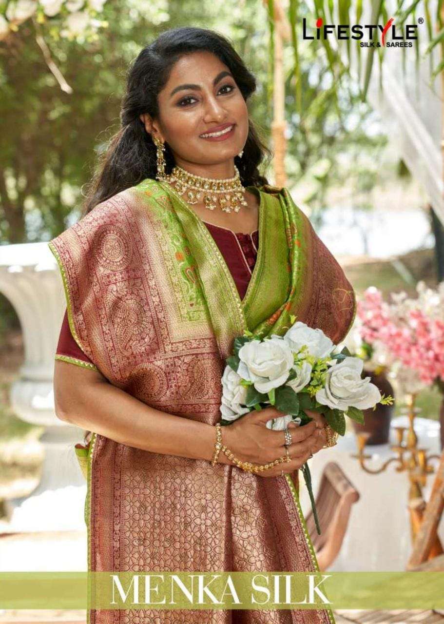 MENKA SILK BY LIFESTYLE 83541 TO 83546 SERIES INDIAN TRADITIONAL WEAR COLLECTION BEAUTIFUL STYLISH FANCY COLORFUL PARTY WEAR & OCCASIONAL WEAR RAW SILK SAREES AT WHOLESALE PRICE