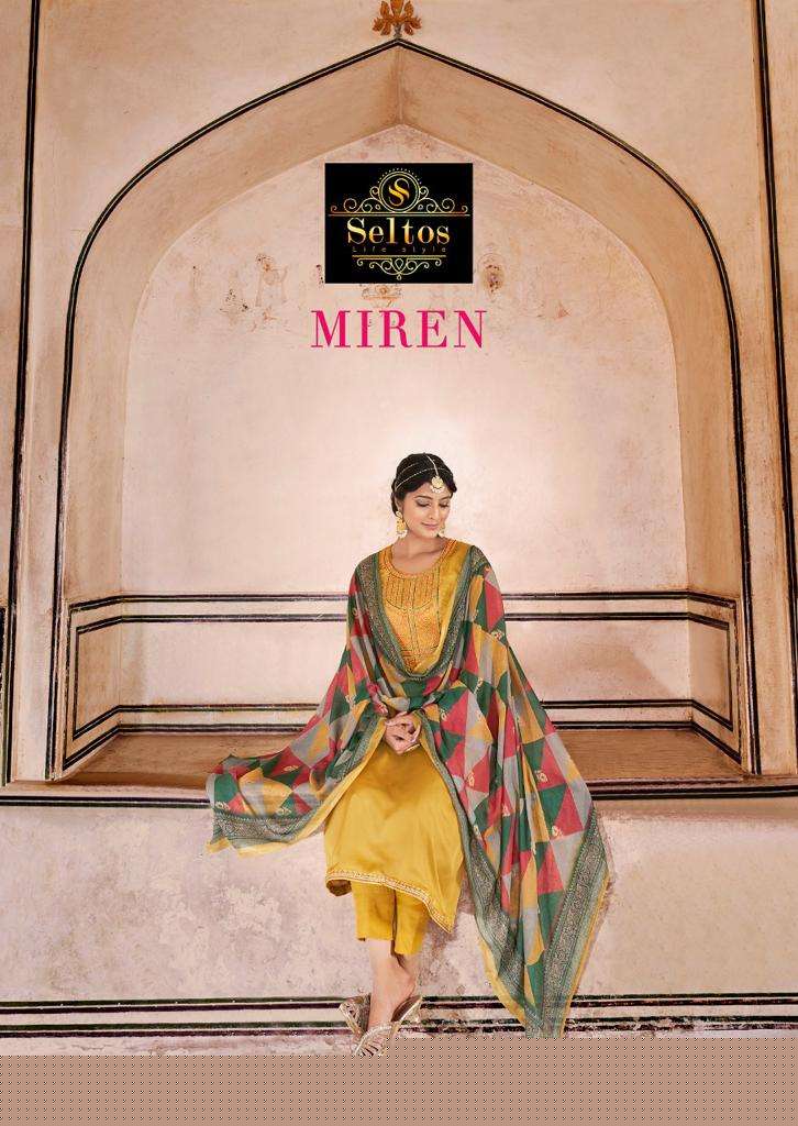 MIREN BY SELTOS 35001 TO 35006 SERIES BEAUTIFUL SUITS COLORFUL STYLISH FANCY CASUAL WEAR & ETHNIC WEAR PURE RUSSIAN SILK DRESSES AT WHOLESALE PRICE