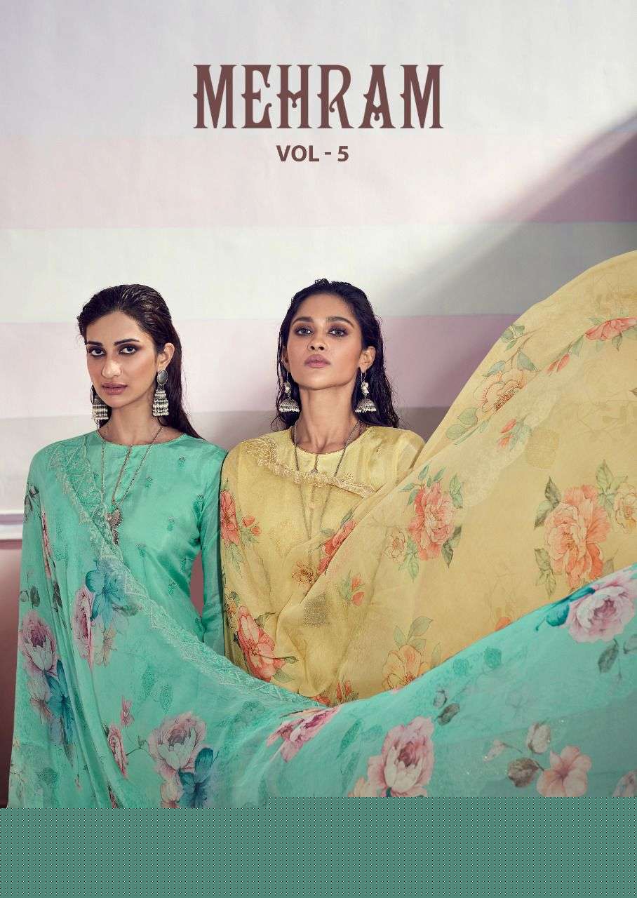 MEHRAM VOL-5 BY KARMA TRENDZ 5112 TO 5118 SERIES BEAUTIFUL SUITS COLORFUL STYLISH FANCY CASUAL WEAR & ETHNIC WEAR PURE MUSLIN EMBROIDERED DRESSES AT WHOLESALE PRICE