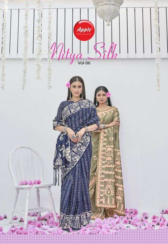 NITYA VOL-6 BY APPLE 601 TO 608 SERIES INDIAN TRADITIONAL WEAR COLLECTION BEAUTIFUL STYLISH FANCY COLORFUL PARTY WEAR & OCCASIONAL WEAR BHAGALPURI PRINT SAREES AT WHOLESALE PRICE