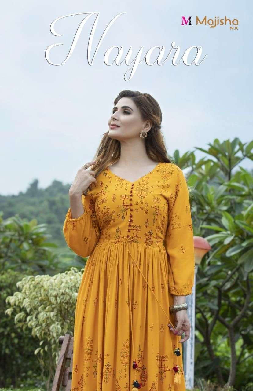 NAYARA BY MAJISHA NX 101 TO 108 SERIES BEAUTIFUL STYLISH FANCY COLORFUL CASUAL WEAR & ETHNIC WEAR RAYON FOIL PRINT GOWNS AT WHOLESALE PRICE