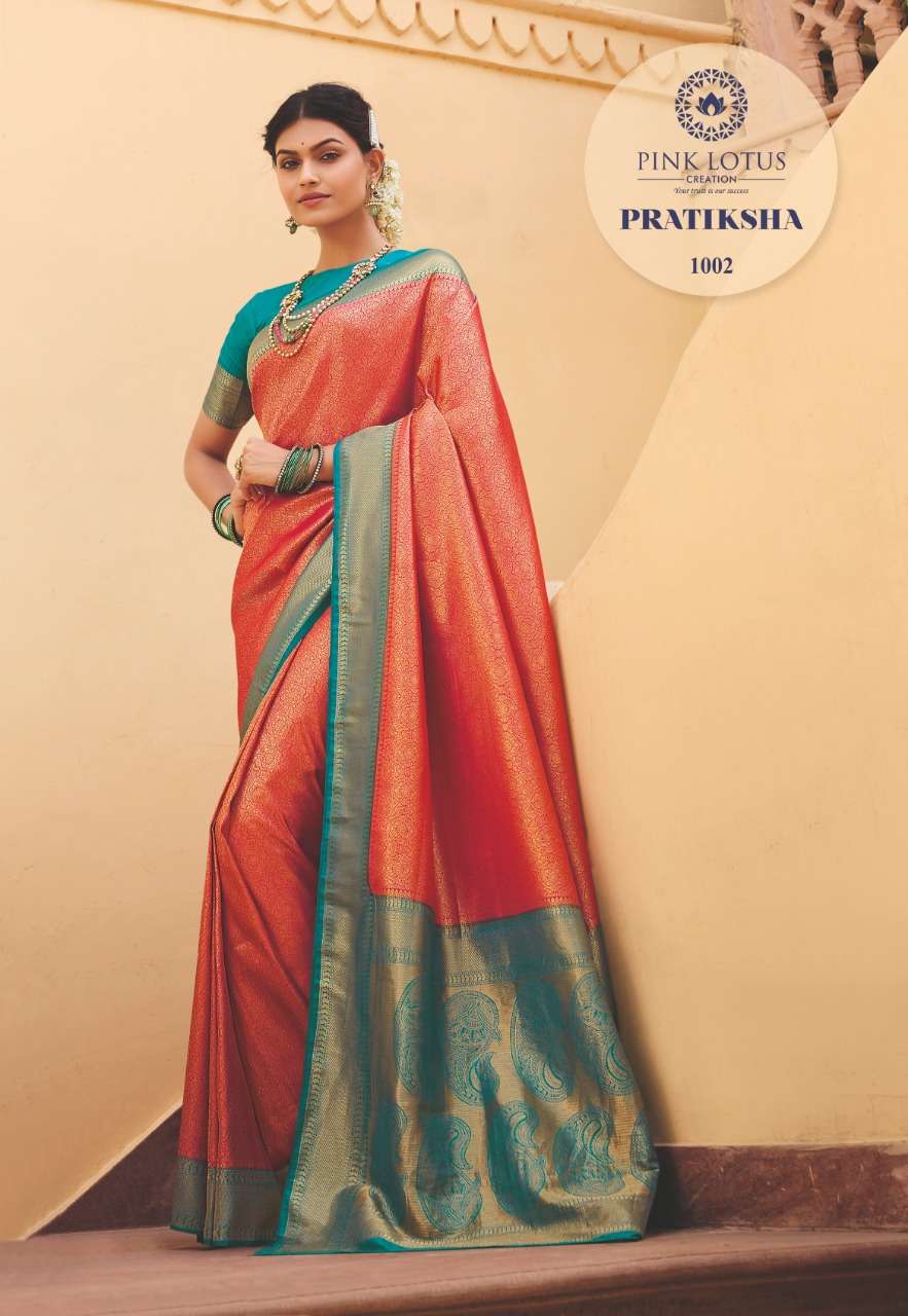 PRATIKSHA BY PINK LOTUS 1001 TO 1013 SERIES INDIAN TRADITIONAL WEAR COLLECTION BEAUTIFUL STYLISH FANCY COLORFUL PARTY WEAR & OCCASIONAL WEAR KANJIVARAM SILK SAREES AT WHOLESALE PRICE