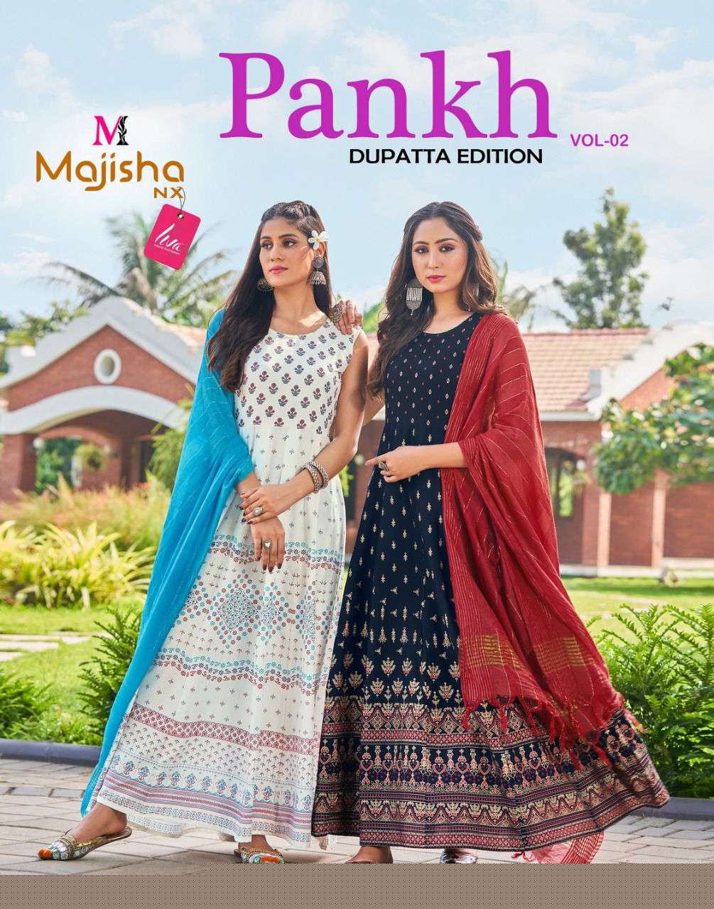 PANKH VOL-2 BY MAJISHA NX 1001 TO 1008 SERIES BEAUTIFUL STYLISH FANCY COLORFUL CASUAL WEAR & ETHNIC WEAR RAYON WITH WORK GOWNS WITH DUPATTA AT WHOLESALE PRICE