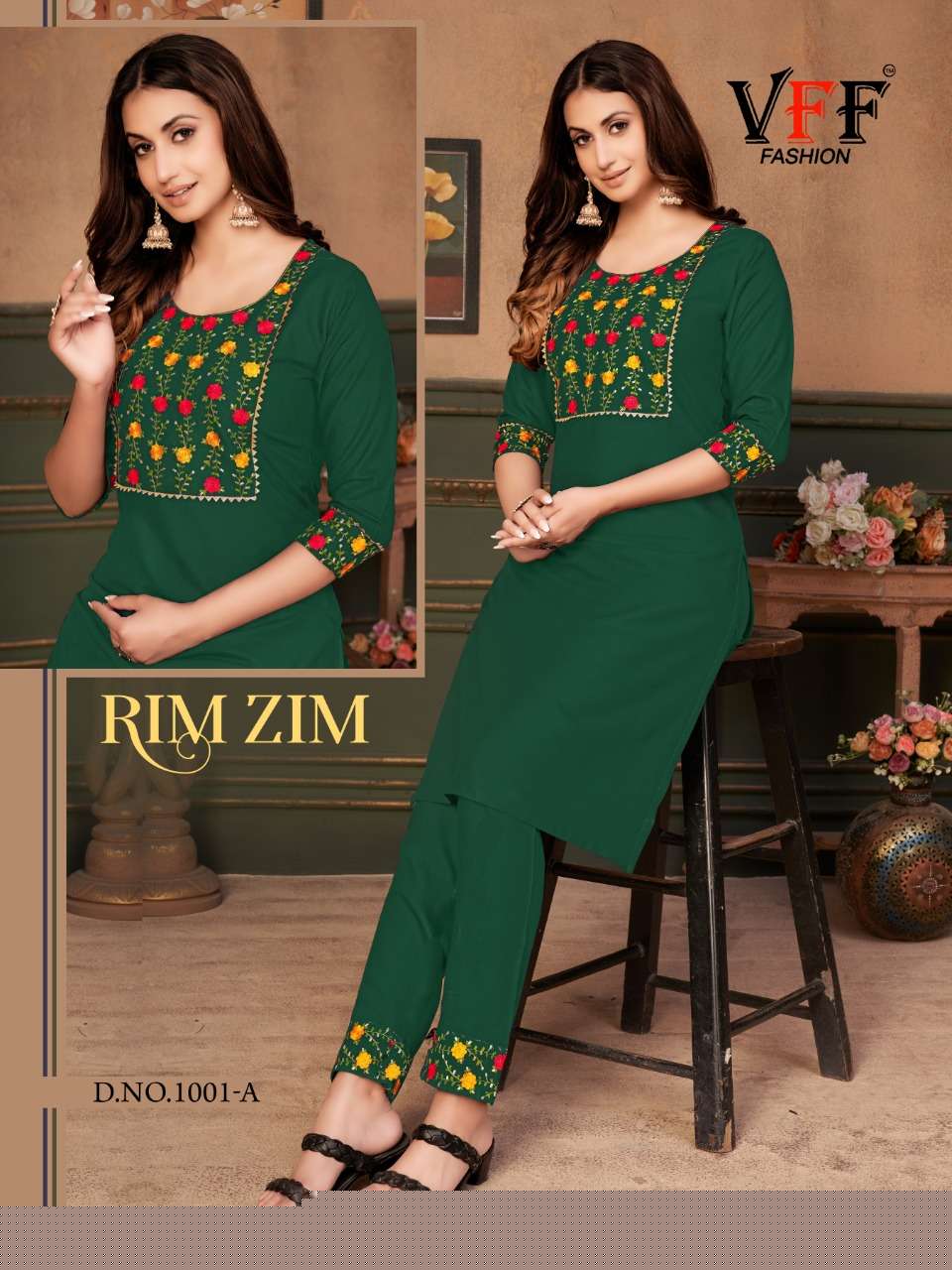 RIM ZIM BY VFF 1001 TO 1001-E SERIES DESIGNER STYLISH FANCY COLORFUL BEAUTIFUL PARTY WEAR & ETHNIC WEAR COLLECTION COTTON EMBROIDERED KURTIS AT WHOLESALE PRICE
