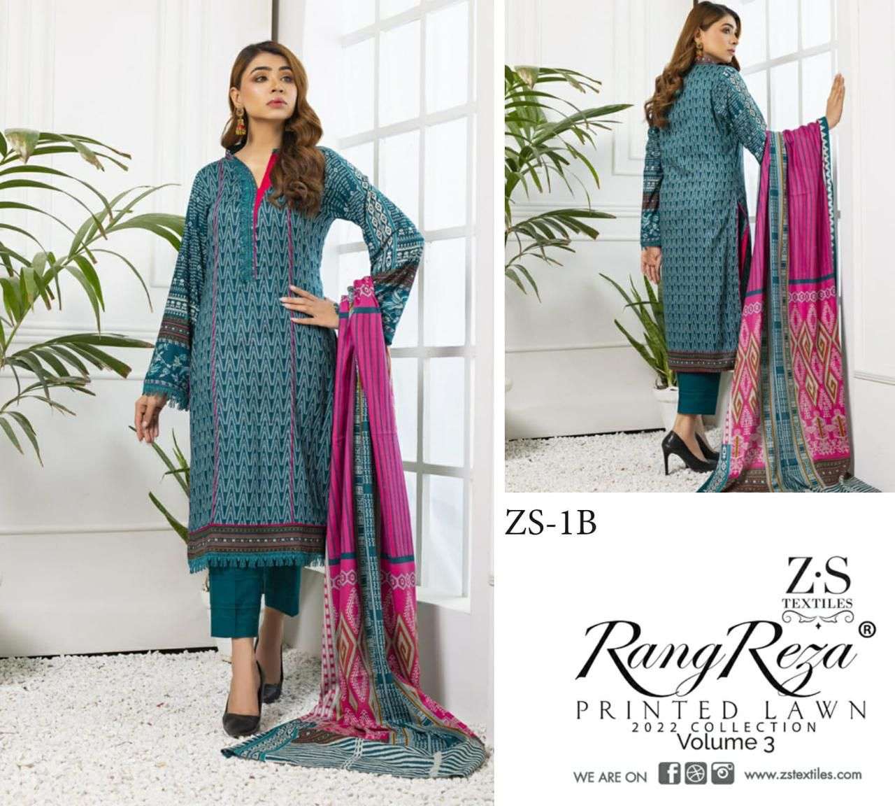 RANG REZA VOL-3 BY ZS TEXTILES 1-A TO 5-B SERIES INDIAN TRADITIONAL WEAR COLLECTION BEAUTIFUL STYLISH FANCY COLORFUL PARTY WEAR & OCCASIONAL WEAR PURE COTTON PRINT DRESSES AT WHOLESALE PRICE