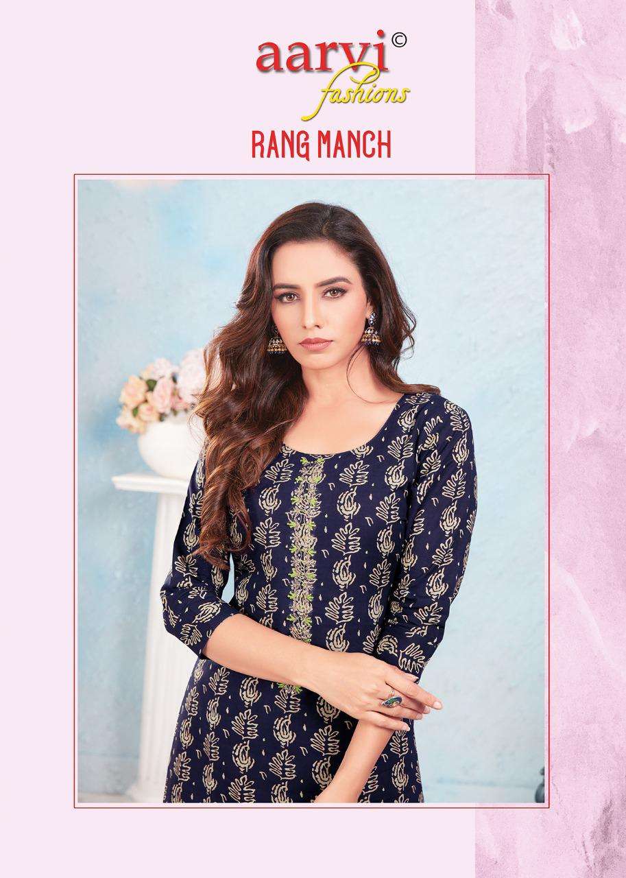 RANG MANCH BY AARVI FASHION 6051 TO 6055 SERIES DESIGNER STYLISH FANCY COLORFUL BEAUTIFUL PARTY WEAR & ETHNIC WEAR COLLECTION RAYON WITH WORK KURTIS WITH BOTTOM AT WHOLESALE PRICE