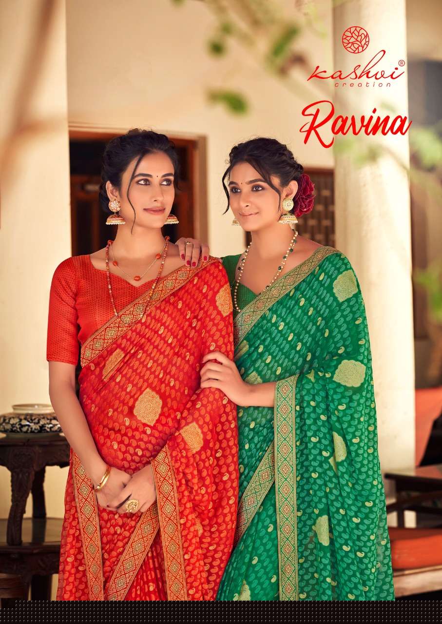 RAVINA BY KASHVI CREATION 1851 TO 1860 SERIES INDIAN TRADITIONAL WEAR COLLECTION BEAUTIFUL STYLISH FANCY COLORFUL PARTY WEAR & OCCASIONAL WEAR CHIFFON BRASSO SAREES AT WHOLESALE PRICE