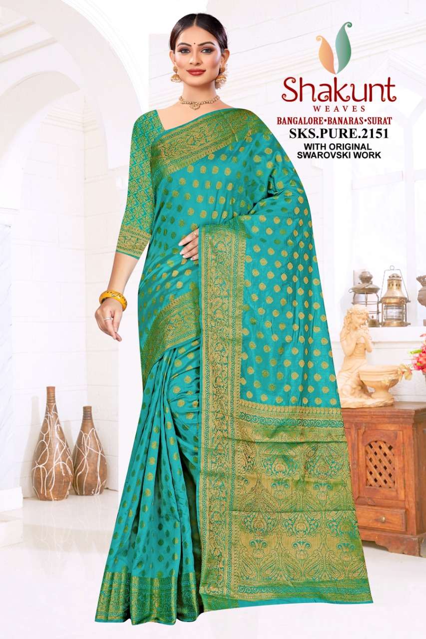 SKS PURE-2151 BY SHAKUNT 2151-A TO 2151-F SERIES INDIAN TRADITIONAL WEAR COLLECTION BEAUTIFUL STYLISH FANCY COLORFUL PARTY WEAR & OCCASIONAL WEAR ART SILK SAREES AT WHOLESALE PRICE