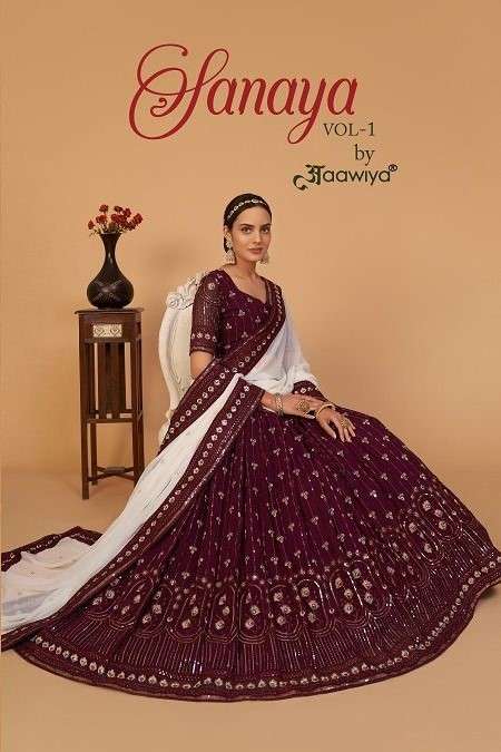 Sanaya Vol-1 By Aawiya 3101 To 3104 Series Indian Traditional Beautiful Stylish Designer Banarasi Silk Jacquard Embroidered Party Wear Georgette Lehengas At Wholesale Price