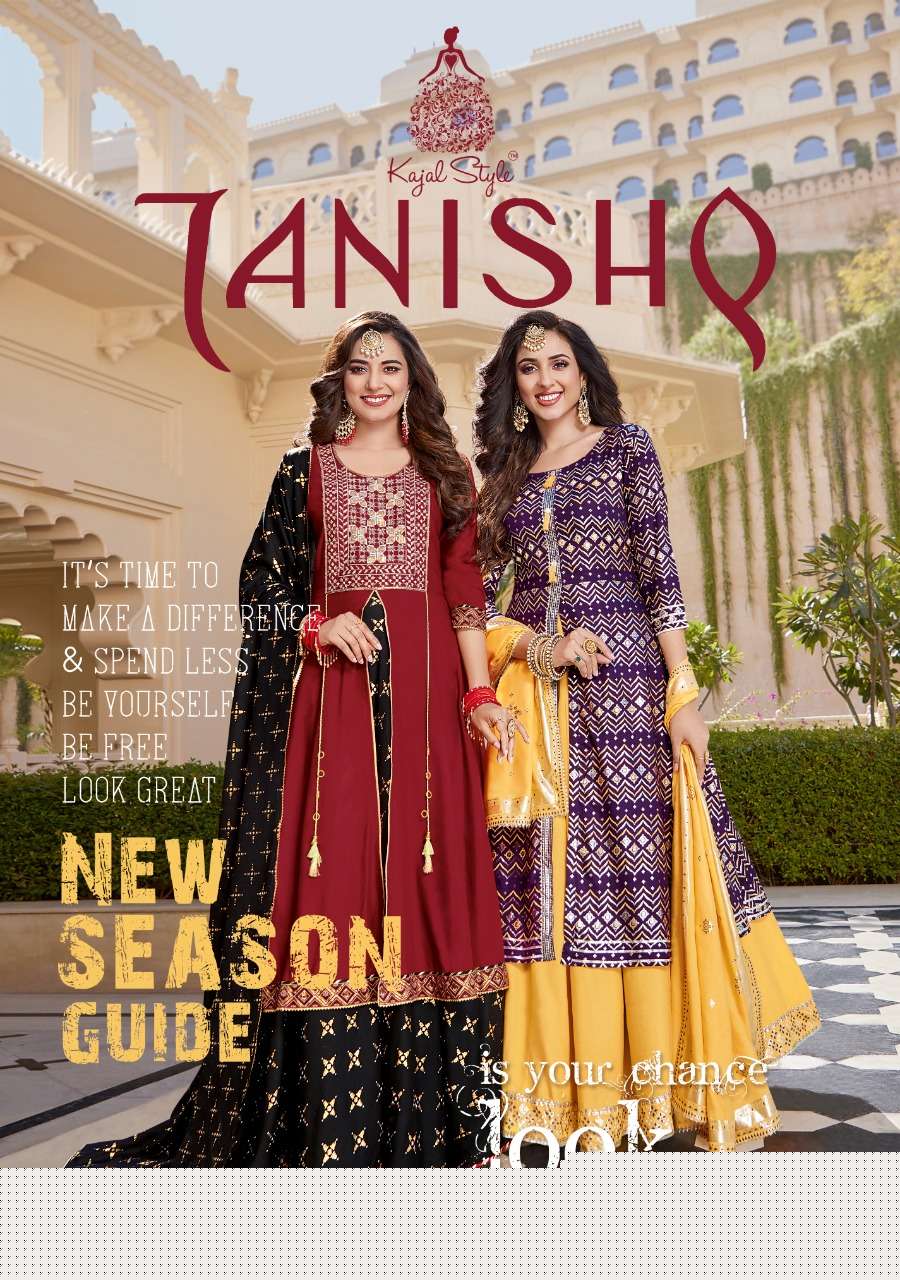 TANISHQ BY KAJAL STYLE 1001 TO 1008 SERIES BEAUTIFUL STYLISH FANCY COLORFUL CASUAL WEAR & ETHNIC WEAR HEAVY RAYON EMBROIDERED GOWNS WITH DUPATTA AT WHOLESALE PRICE