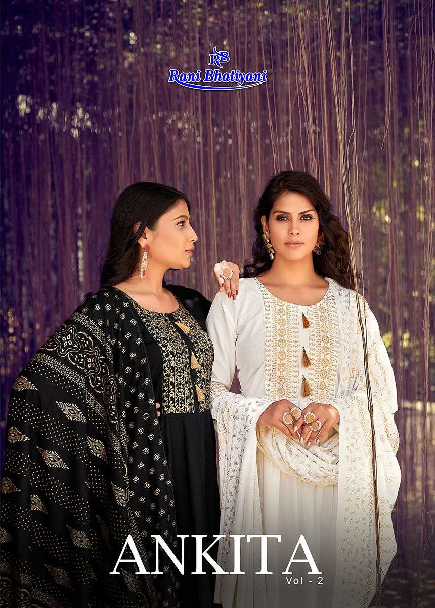 ANKITA VOL-2 BY RANI BHATIYANI 1001 TO 1008 SERIES BEAUTIFUL STYLISH FANCY COLORFUL CASUAL WEAR & ETHNIC WEAR RAYON FOIL PRINT GOWNS WITH DUPATTA AT WHOLESALE PRICE