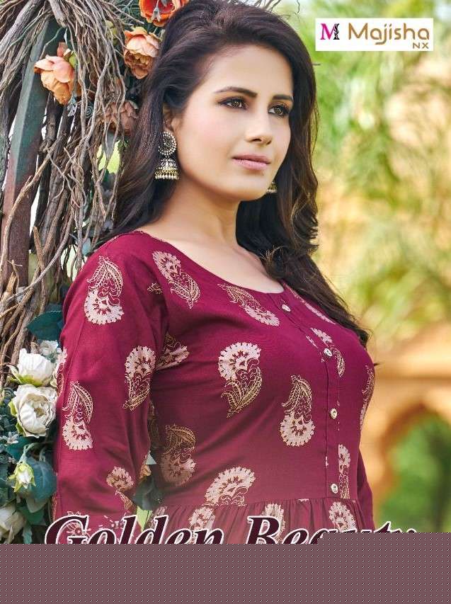 GOLDEN BEAUTY BY MAJISHA NX 01 TO 08 SERIES BEAUTIFUL STYLISH FANCY COLORFUL CASUAL WEAR & ETHNIC WEAR RAYON PRINT GOWNS AT WHOLESALE PRICE