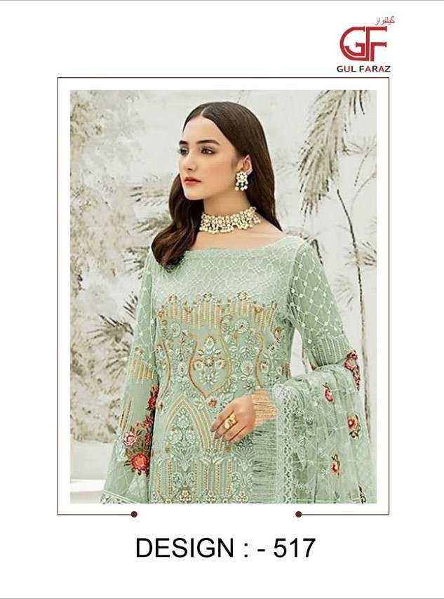 GUL FARAZ 517 COLOURS BY GUL FARAZ 517-A TO 517-D SERIES BEAUTIFUL PAKISTANI SUITS COLORFUL STYLISH FANCY CASUAL WEAR & ETHNIC WEAR GEORGETTE EMBROIDERED DRESSES AT WHOLESALE PRICE