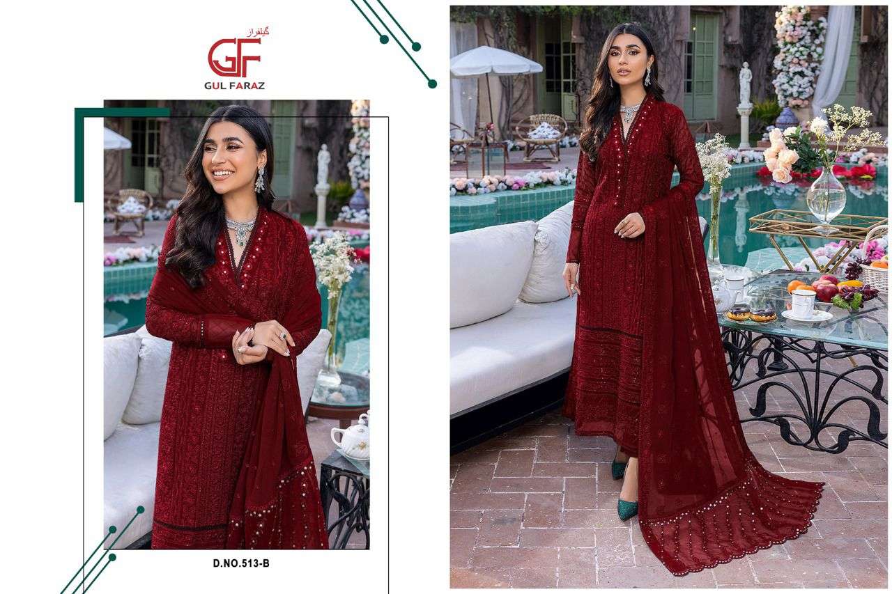 GUL FARAZ 513 COLOURS BY GUL FARAZ 513-A TO 513-D SERIES BEAUTIFUL PAKISTANI SUITS COLORFUL STYLISH FANCY CASUAL WEAR & ETHNIC WEAR FAUX GEORGETTE EMBROIDERED DRESSES AT WHOLESALE PRICE