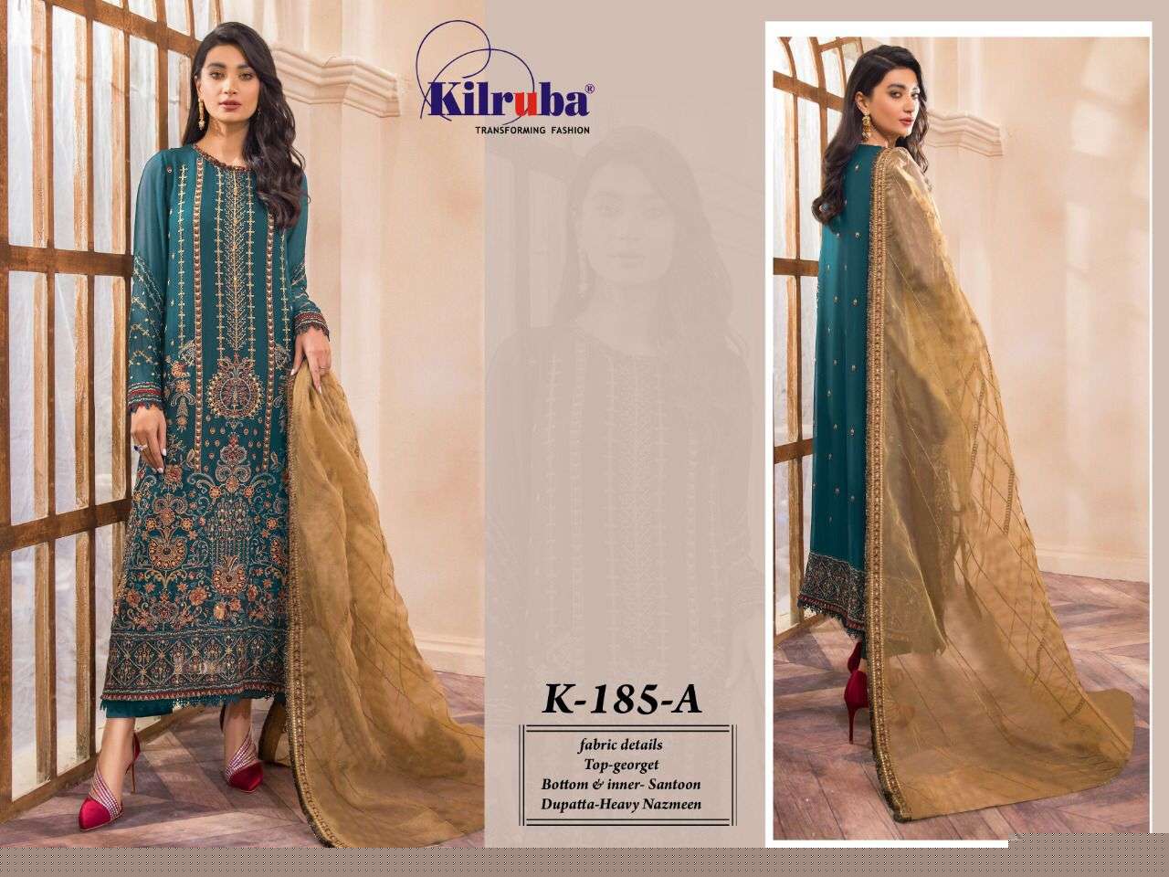 KILRUBA HIT DESIGN K-185 COLOURS BY KILRUBA K-185 TO K-185-A SERIES DESIGNER FESTIVE PAKISTANI SUITS COLLECTION BEAUTIFUL STYLISH FANCY COLORFUL PARTY WEAR & OCCASIONAL WEAR GEORGETTE EMBROIDERED DRESSES AT WHOLESALE PRICE