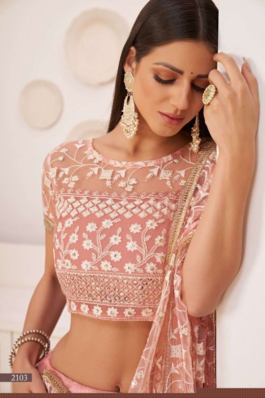 PANVI 2103 COLOURS BY PANVI 2103 TO 2103-C SERIES INDIAN TRADITIONAL BEAUTIFUL STYLISH DESIGNER BANARASI SILK JACQUARD EMBROIDERED PARTY WEAR MONO NET LEHENGAS AT WHOLESALE PRICE