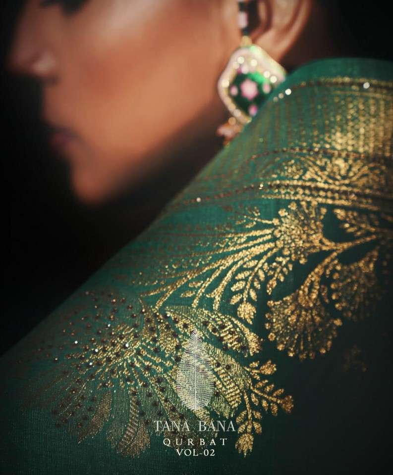 QURBAT VOL-2 BY TANA BANA 02-A TO 02-G SERIES INDIAN TRADITIONAL WEAR COLLECTION BEAUTIFUL STYLISH FANCY COLORFUL PARTY WEAR & OCCASIONAL WEAR PURE SILK SAREES AT WHOLESALE PRICE